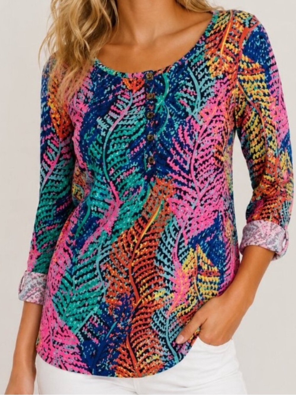 Lilly Pulitzer Electric Feel Feathers Pima Cotton Henley Top Medium